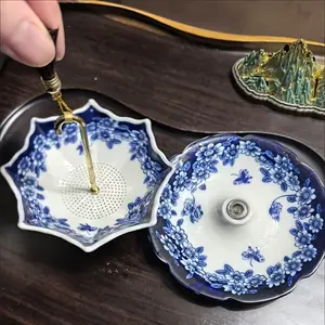 Elegant Aesthetic Artistic Blue Floral Ceramic Tea Strainer Set with Tassels, Decorative Umbrella Shape Filter for Home Office Table Decoration