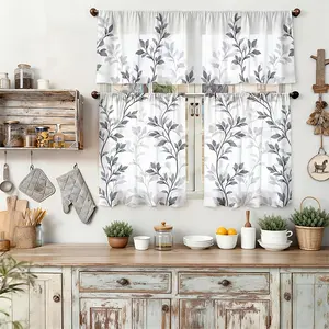 3pcs Elegant Gray Leaf Decorative Pattern Kitchen Curtains |   Suitable for Easter and Thanksgiving, Multiple Sizes Available, Rod Pocket Hanging Style, Tier & Valance Set, Light-filtering, Polyester, Artistic Print