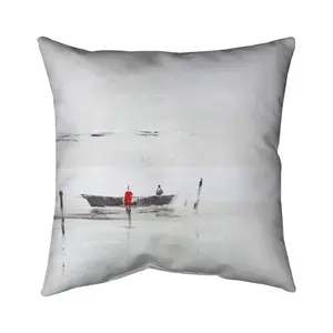 360 Stand 18x18 in. Outdoor Throw Pillow, Minimalist Home Decor Polyester Print with UV Protection, Lake Scene Boat Motif Gray Weather Resistant Outdoor Cushion, 5542-1818-LA77, Weather Resistant Cushion, Outdoor Cushions