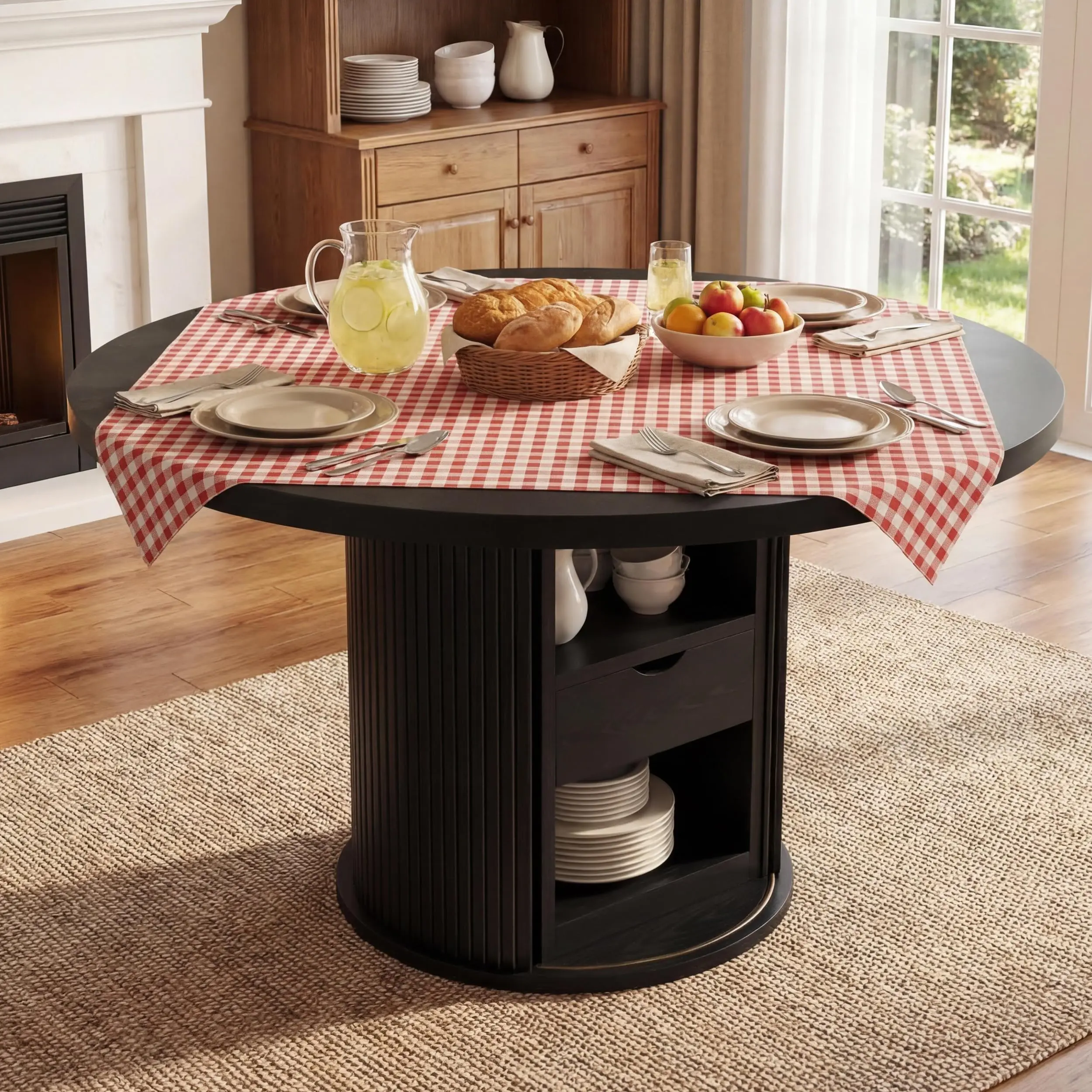 Garvee 47" Round Dining Table, Farmhouse Kitchen Table with 2-Layer Storage Shelf and Drawer, Circle Dinner Table for for 4-6 People for Dining Room, Kitchen, Living Room (Table Only), Black