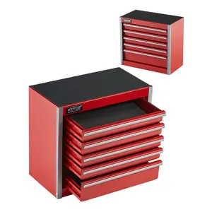 summervibes VEVOR Metal Tool Box, 8.6-inch, Portable Metal Tool Box with 5 Drawers, Small Tool Chest with EVA Liners and PP Feet Pads, Heavy-Duty Steel With Ball Bearing Opening and Powder Coated Finish, Red, Powder Coat, Five Drawers