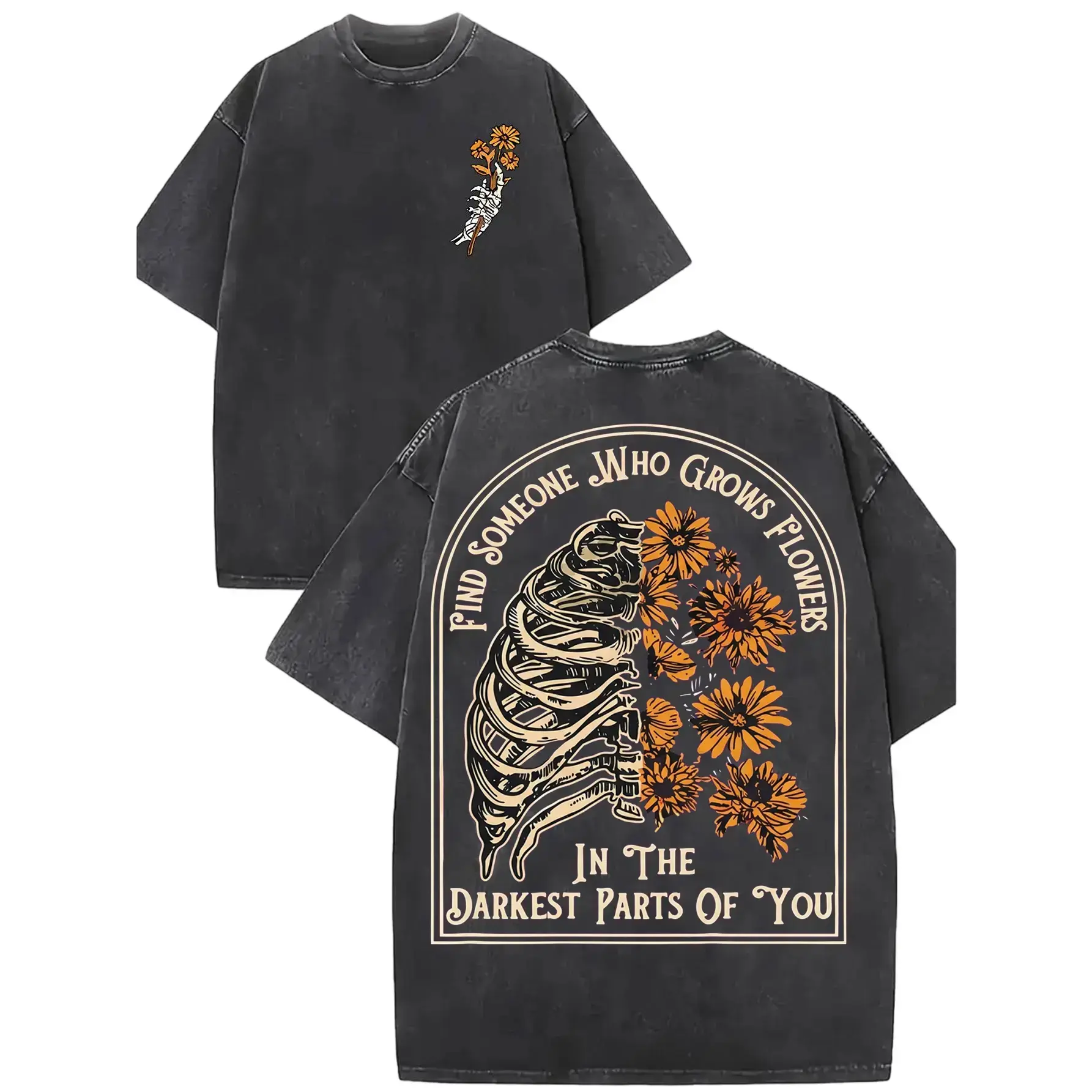 Women's Washed Graphic T-Shirt, Casual Oversized "Grows Flowers" Sunflower Print Top, Soft Cotton Short Sleeve Crewneck, Shortsleeve, Baggy, Women's Clothes, Stylish Women's Wear,clothes for back to school,first day of school outfits