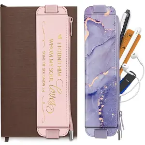 [2 Pack] Pencil Case with Elastic Band for Notebook/Bible Study/Planner/Tablet, PU Leather Pen Holder Stationery Zipper Bag for Stylus/Pencils/Markers