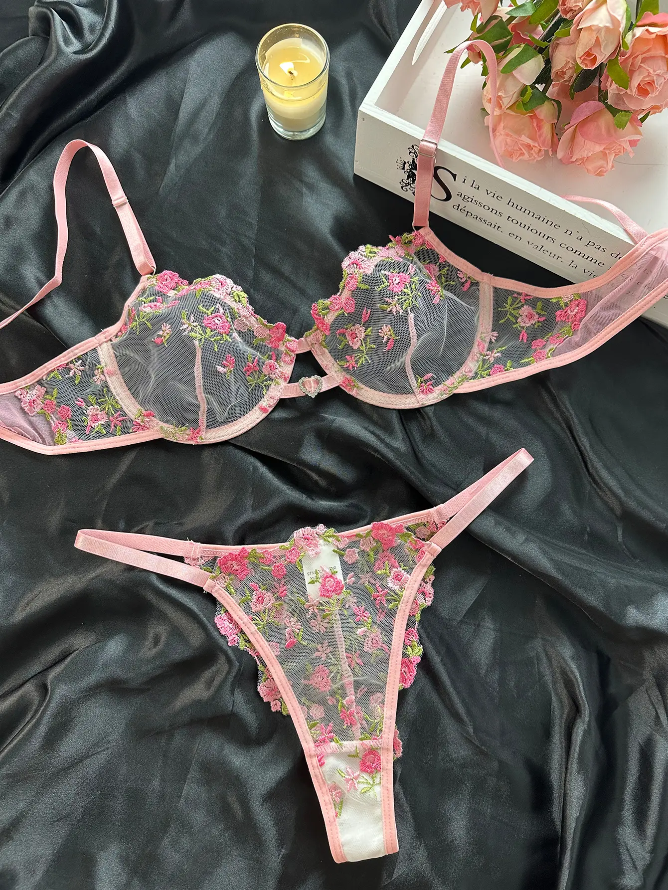Women's Fantasy Lace Intimate Underwear Set - Elastane, Sheer Mesh, Floral Embroidery, Delicate Ribbon, V-Neck, Hollow Cutout, Lightweight, All-Season Bra, Chic Design, Sensual & Intimate Gifts for Her, Intimate Gifts For Women