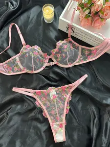 Lace Christmas Lingerie, Valentine's Day Gift, Women's Sexy Lingerie Featuring floral embroidery on sheer mesh, paired with delicate ribbon details, and designed with a V-neck floral pattern for women's apparel