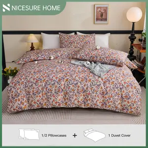 Nicesure 2/3pcs Magnolia Blossom Duvet Cover Set Floral Pattern Bedding with Ties & Button Closure OEKO-TEX Certified Breathable Ultra-Soft Fits Twin to King Size