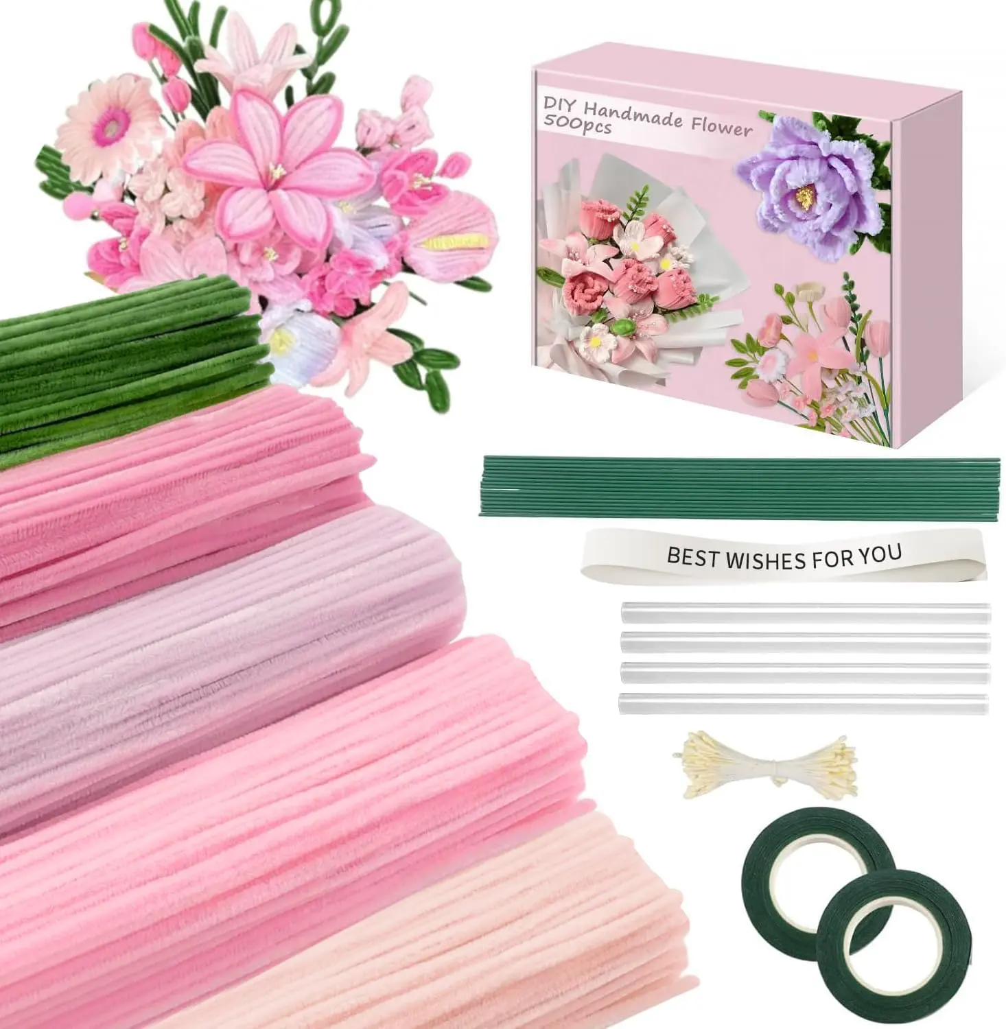 500-Piece Pink Pipe Cleaner Craft Kit with Chenille Stems, Ribbons, Tape, Stamens, Glue Sticks - Soft Fuzzy Supplies for Tulip, Flower Bouquet DIY Projects & Handmade Presents