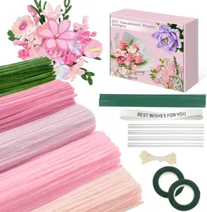 500 Pcs Pink Pipe Cleaner Craft Kit with Chenille Stems, Ribbons, Stems, Tape, Stamens, Glue Sticks – Soft Fuzzy Supplies for DIY Pipe Cleaner Flowers, Tulip Bouquet Party Decorations & Creative Handmade Presents