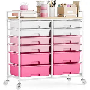 Rolling storage cart with 12 drawers, wooden tabletop utility cart with wheels for craft storage, art supply storage, home office and classroom organization