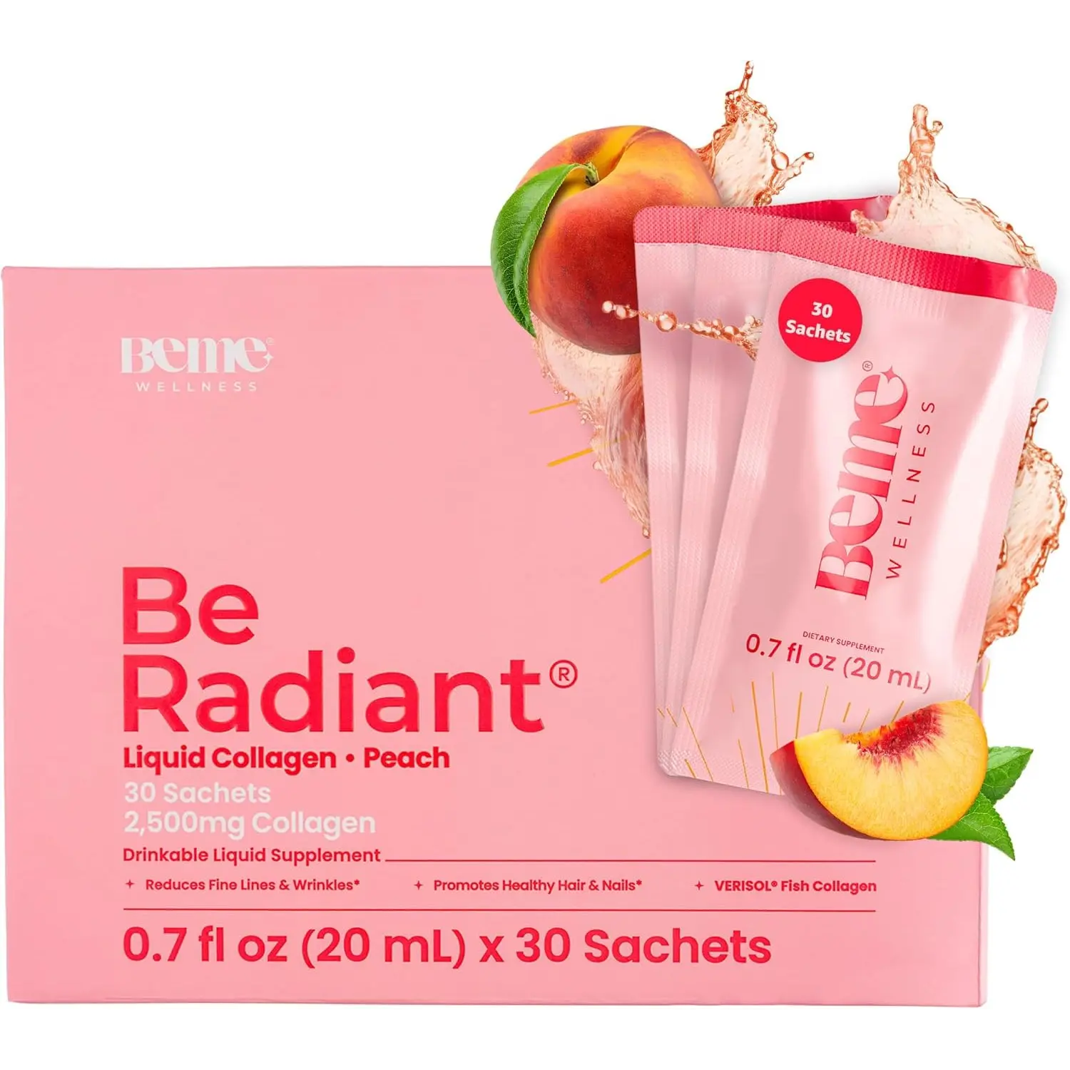 BeMe Liquid Collagen for Women - 2500mg Verisol Collagen Liquid with Biotin, CoQ10 & Vitamin C - Clinically Proven Collagen Peptides for Hair, Skin & Nails - 30 Peach Sachets