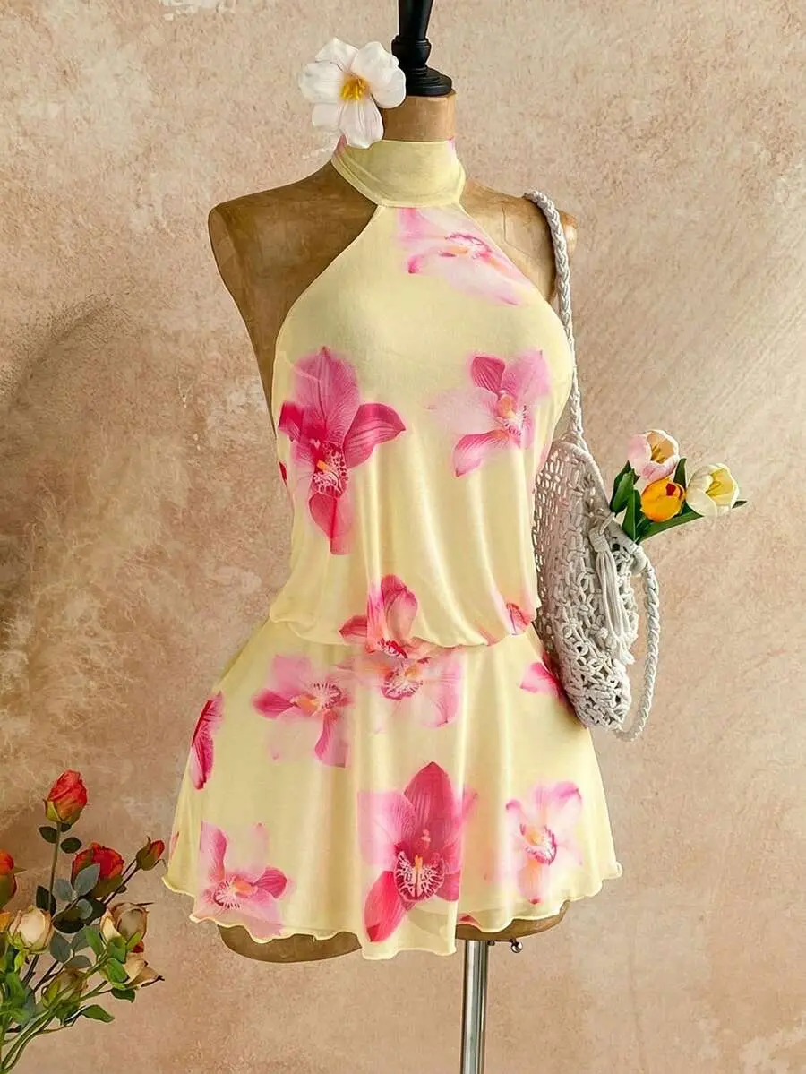 ICONIX Floral Print Fashion Halter Neck Mini Dress For Vacation Beach Vacation Floral Pink Summer Tropical