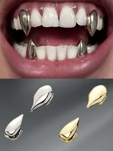 2 Piece 18k Gold Plated Vampire Teeth Grillz, Open Style Hip Hop Teeth, Unisex Design for Rappers, All Seasons Jewelry