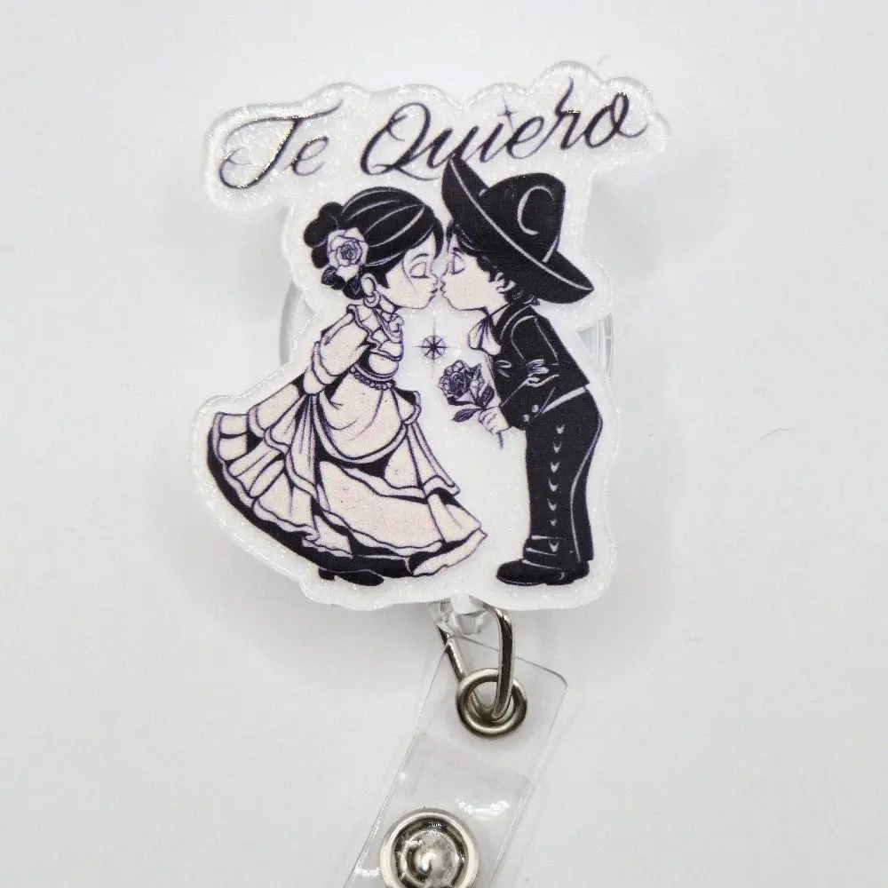 Te Quiero Mariachi Pareja Couple Spanish Acrylic Retractable Badge ID Reel Belt or Alligator Clip