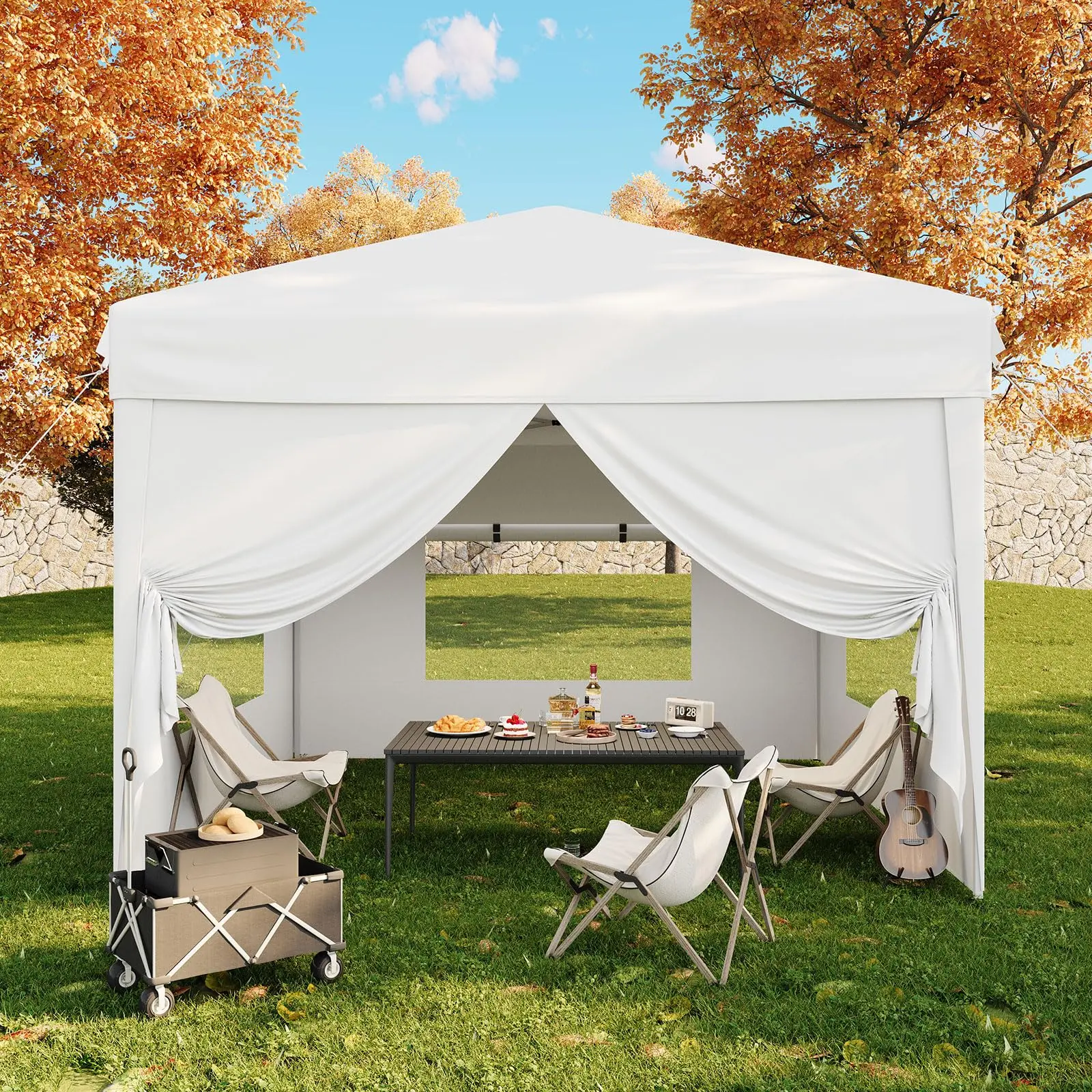 Garvee 10x10 Pop Up Canopy Tent with 4 SideWalls, Easy Up Canopy with 3 Adjustable Height, Outdoor Sun Shade with 4 Sandbags & Carrying Bag for Camping, Parties,Outdoor Events-White