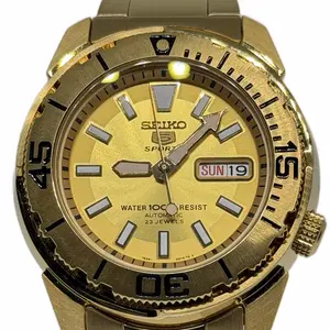 Seiko 5 Mens Sports Gold Automatic Watch 100M Waterproof 45mm Case with 23 Jewels and Water Resist Feature