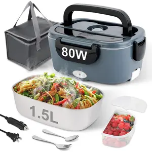 80W Electric Heated Lunch Box for Adults, 1.5L Portable Fast Heating Food Warmer for Car/Truck/Work/Travel, 12/24/110V Lonchera Eléctrica Portátil