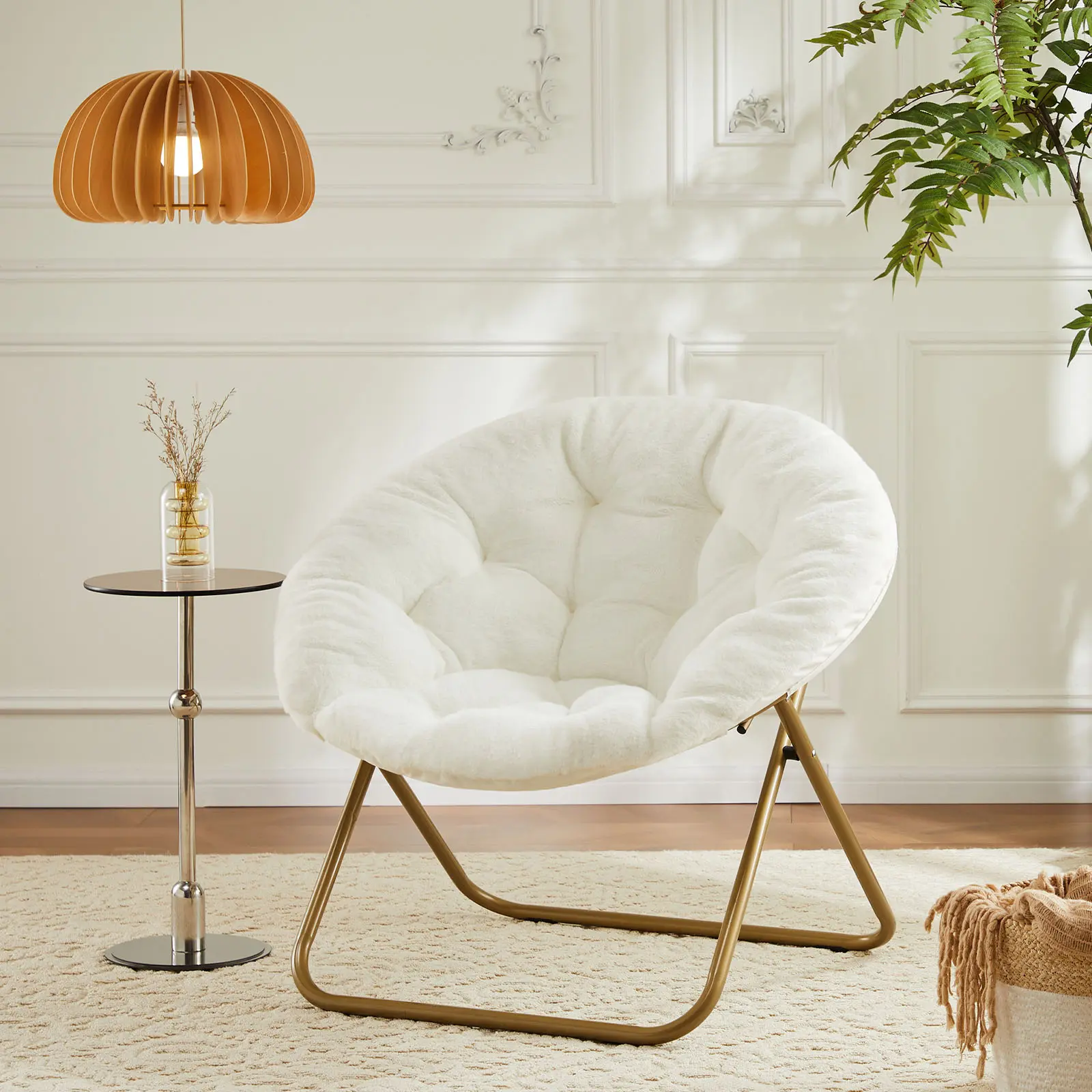 Faux Fur Saucer Chair, Foldable Comfy Chair for Bedroom, White | Lounge  Moon Mushroom Style, Circle Round Oversized Accent Seat, Gaming Dorm Small Spaces, Comfortable Modern