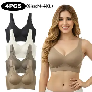 4PCS Seamless Wire-Free Push-Up Style Jelly Bra | Everyday T-Shirt Bralette & Soft Sleep Underwear for Women, High Stretch Adjustable Comfort Plus Size M-4XL