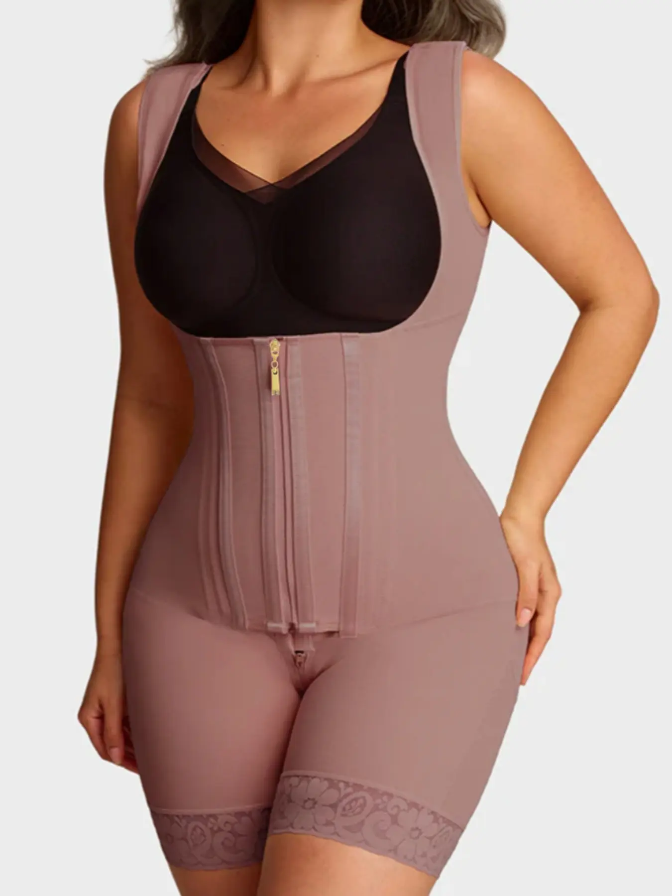 1 Count Women's Shapewear Bodysuit With Double Layer Compression, Fajas, Adjustable Zipper & Hooks Closure Jumpsuit, Colombian Shapewear, Butt Lifting & Tummy Control Lace Trim Body Shaper, Perfect For Daily & Event Wear