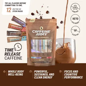 Caffeine Army Instant Coffee Variety Pack with Time-Release Caffeine, MCTs, Collagen, B-Vitamins, Stick Format - 12 Servings, 4 Flavors (Cappuccino, Chocolate Fudge, Vanilla Latte, ChocoVanilla) - Sugar-Free, Gluten-Free, Keto-Friendly Beverage