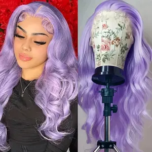 28 Inch Lanvender Long Body Wave Lace Frontal Wig Heat Resistant Fiber Hair 13*4 HD Transparent Lace Frontal Wig Pre Plucked Hairline Glueless Light Purple Long Loose Curly Wig for Women Purple Wave Wig for Daily Use, Party 180 Density