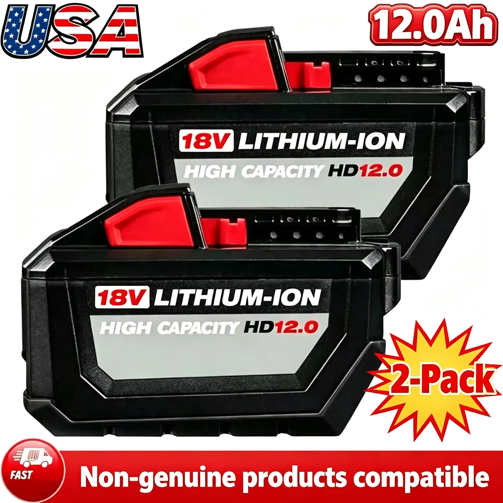 2-Pieces 12.0Ah Replacement Lithium-Ion Batteries for Milwaukee M18 Series 18V Power Tools, Compatible with 48-11-1850/1860/1880, High-Capacity Extended-Run Pack with LED Indicator & Protection System