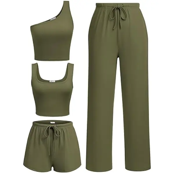 Ekouaer Women's 4-Piece Basic Casual Stretchy Rib Knit Loungewear Set - Sleeveless Fitted Lightweight Crop Tank Top, Shorts, Drawstring Pants, Cardigan, Skin-Friendly Workout-to-Lounge Pajama Nightwear, Check Size Chart