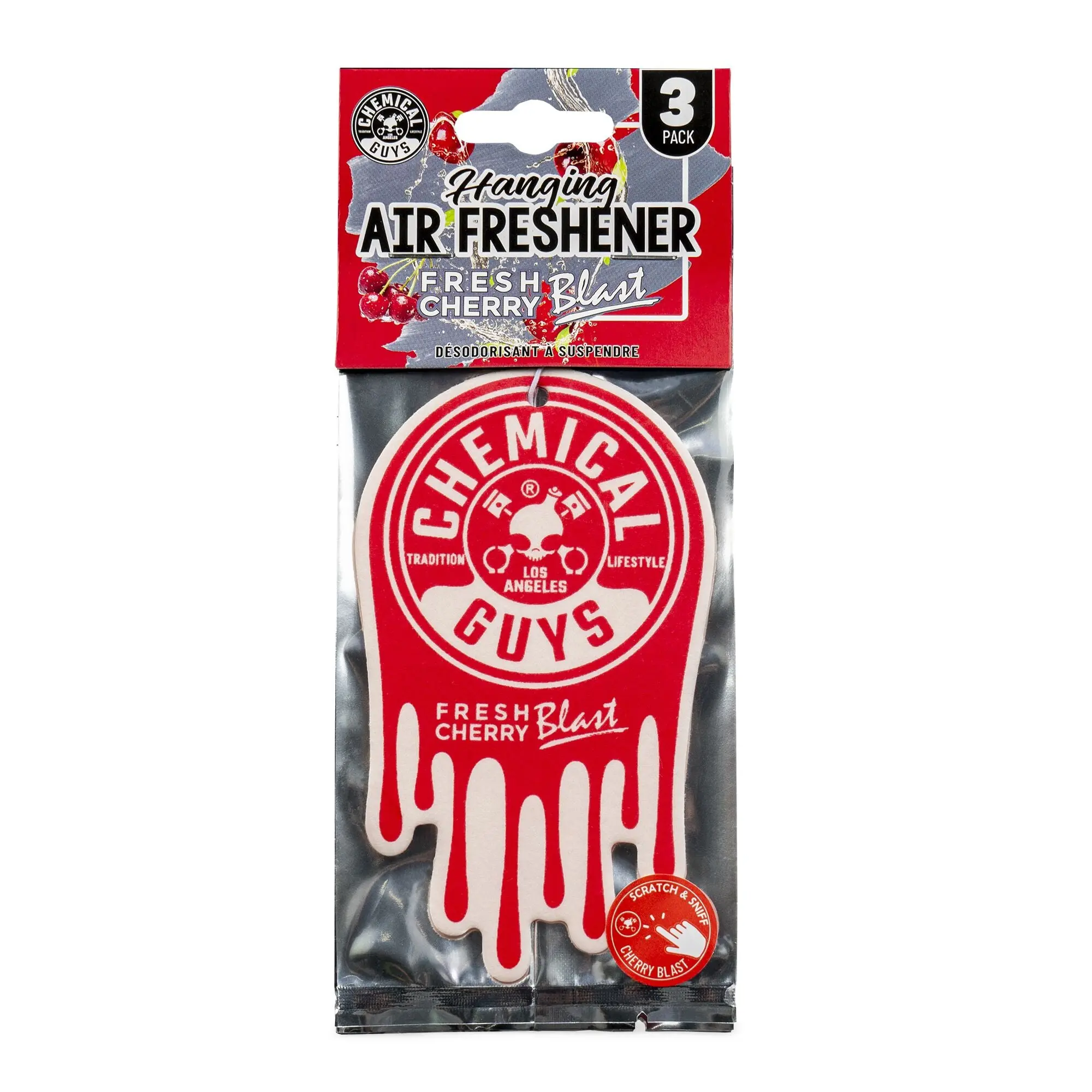 CHEMICAL GUYS Fresh Cherry Blast Hanging Air Freshener 3-Pack – Sweet & Tangy Cherry Scented Hanging Fresheners for Cars, Homes & Offices, Long-Lasting Scent with Iconic Dripping Logo Design, Car Air Freshener, Hanging Car Diffuser, Fruity Sweet Scent, Ac