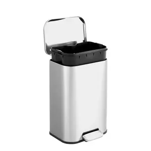 Hands-Free Step Pedal Kitchen Trash Can - Stainless Steel Rectangular Bin - Soft-Close Lid - Removable Inner Bucket For Kitchen, Living Room