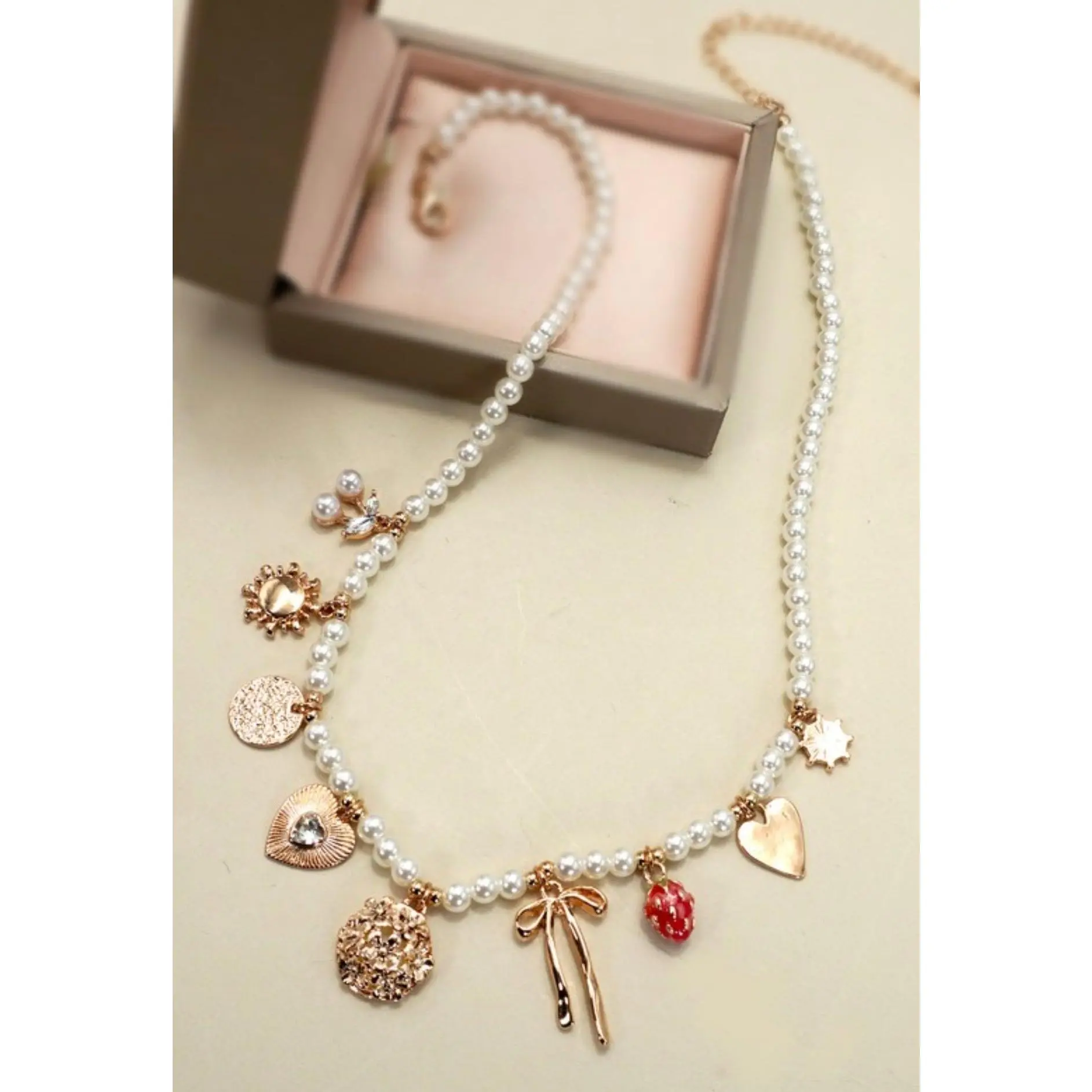 Pearl Beaded Bow Strawberry Cherry Necklace
