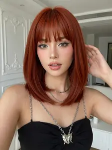 Rust Red Straight Bob Wig with Bangs | Natural Heat Resistant Synthetic Hair