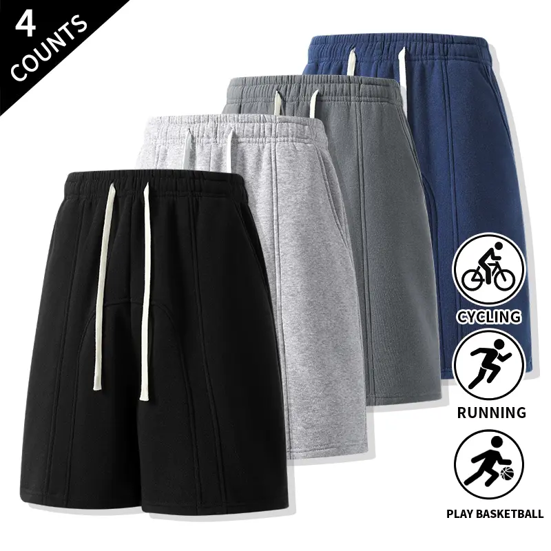 4-Pack Men’s Sweat Shorts with Stitching Details, Drawstring Waist, and Side Pockets for Street Style, Jogging, and Everyday Outdoor Activities