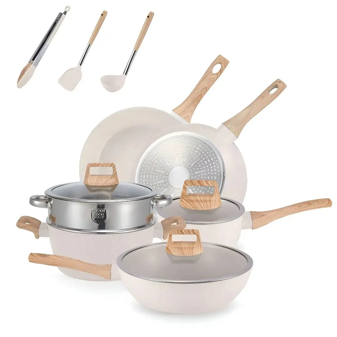 Essential Kitchen Set, Detachable Handle Non-Stick Pots & Pans, Soft Touch Marble Skillet, 12-Piece Cooking Utensils Collection