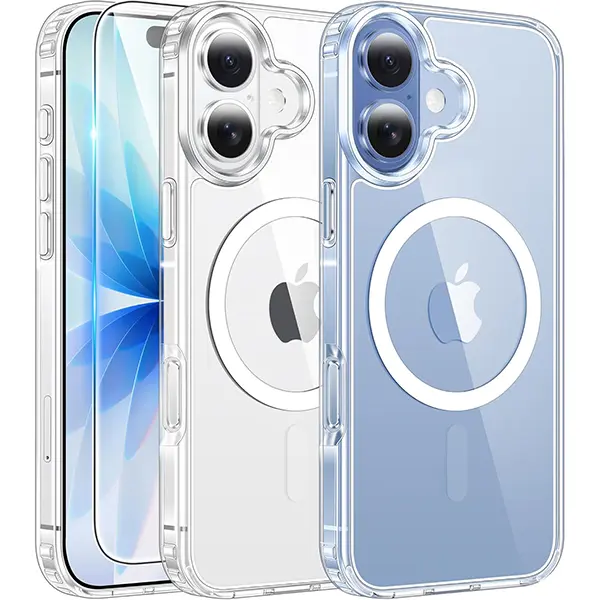 For iPhone 17/16/15/14/13 Clear Phone Cases Magnetic Charging Anti Yellowing Shockproof Magsafe Support with Screen Protector