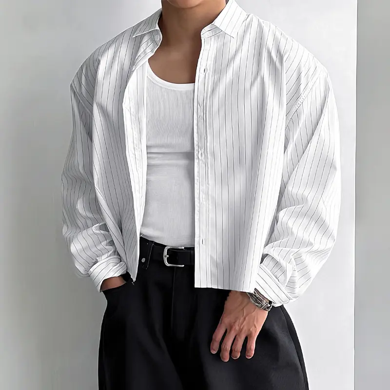 INCERUN Men's Striped Long-Sleeve Cropped Polyester Fabric T-Shirt - Minimalist Top for Casual Leisure Wear