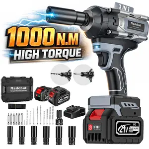 1000N.m Cordless Impact Wrench, All-Metal Cordless Impact Gun with 2 * 4.0Mah, 3-IN-1 Electric Impact Wrench with 5 Sleeves, High Torque 1/2 Impact Wrench