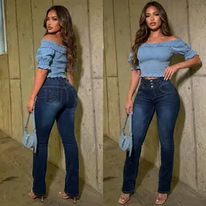 Women’s Bootcut Push Up Stretch Jeans, High Waist Dark Wash Levantacola with Lace-Up Waistband and Tummy Control – MX JEANS by ModaXpress