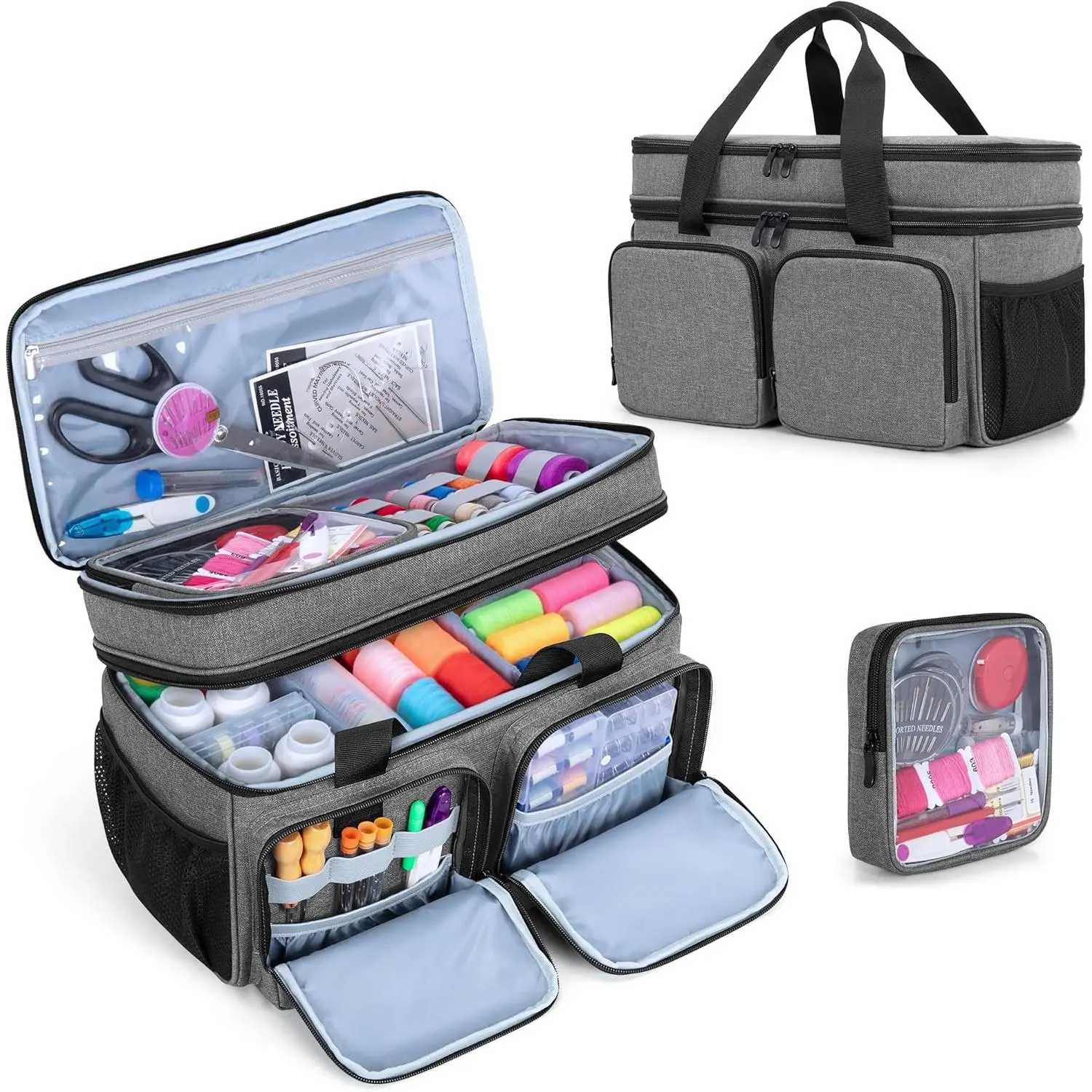 Large Sewing Organizer Bag with an Individual Pouch and Detachable Dividers, 2 Layers Sewing Storage Bag for Sewing Supplies, Gray