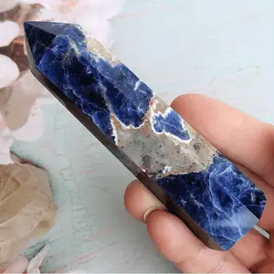 Sodalite Tower, 1 Count Modern Simple Hexagonal Tower, Hexagonal Point Reiki Chakra Gemstone, Desktop Decorative Ornament for Home Office, Home Decor Supplies, Natural Healing Crystal