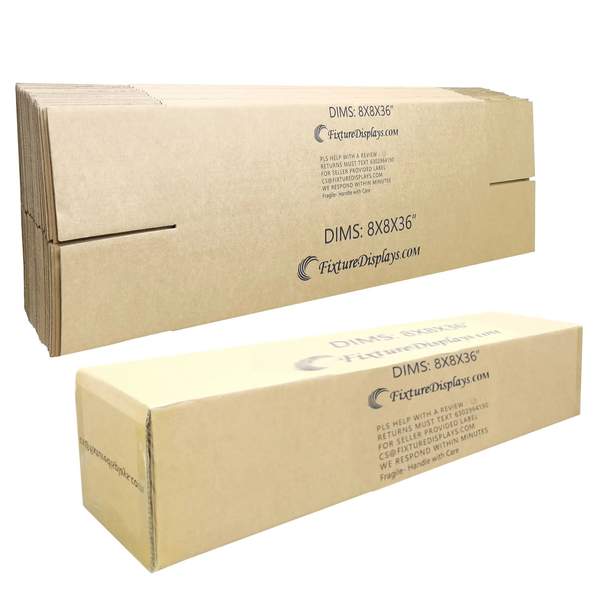 FixtureDisplays® 20 Pack 8X8X36" Printed Shipping Boxes, Full Overlap Flaps, Singlewall B Flute Cardboard Box for Shipping, Mailing, Packaging and Storage, Custom Size & Print Welcome 8X8X36-20PK