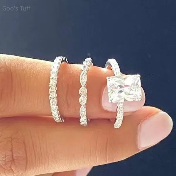 Women's 3-Piece Stackable Costume Rings - Square Cut, Priess Cut Diamond-Ste, Bridal Engagement Band Set, Sparkling New Arrival Wedding Gift For Bride