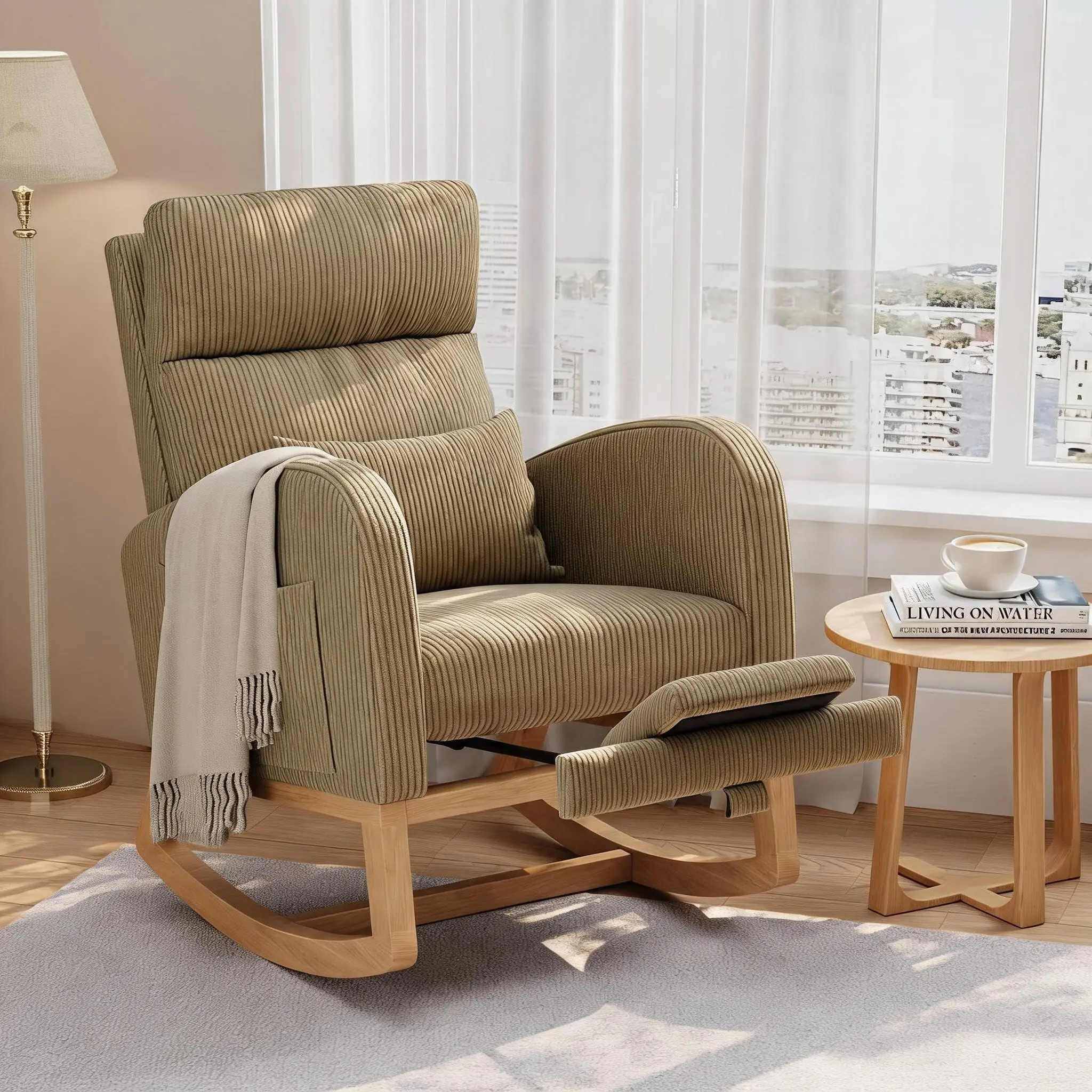 GAOMON Nursery Rocking Chair, Glider Chair with Footrest, Light Brown | Modern Corduroy Upholstered Rocking Chair with Side Pocket and Pillow, Rocker Chair for Bedroom Living Room Nursing Room