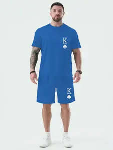 Men's Casual Comfy Sporty Diamond K Print Round Neck Short Sleeve Top Set, Short Sleeves Set, Fitted Sportswear Suit for All Seasons