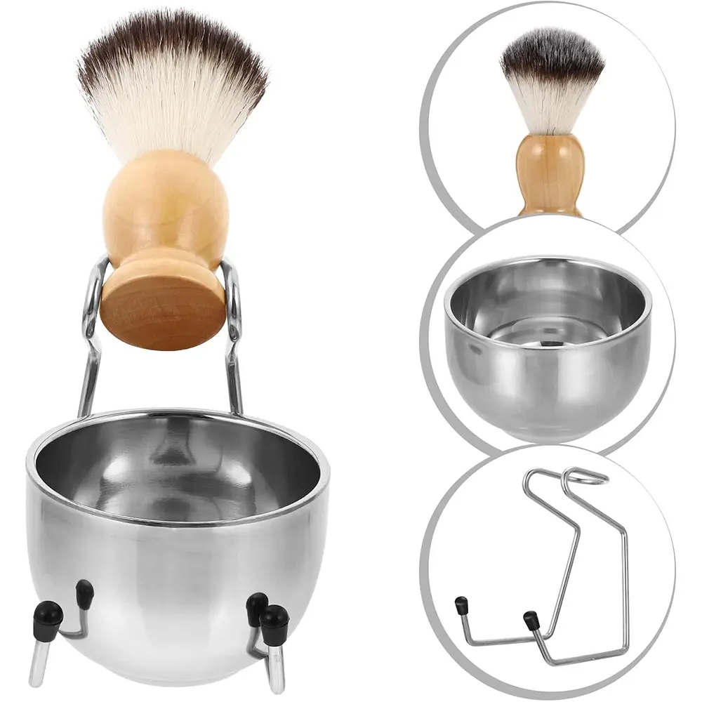 Men's Silky Synthetic Badger Hair Wood Handle Brush, Stainless Steel Stand, Bowl for Wet Hair Removal Grooming