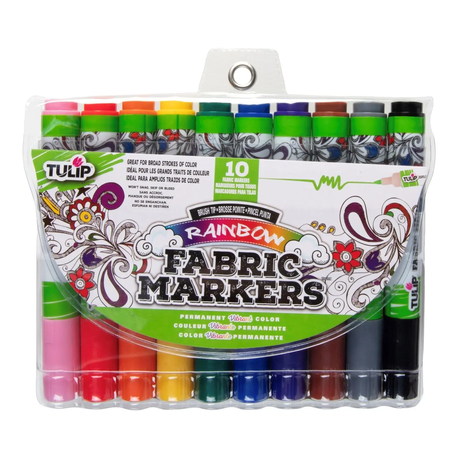 Tulip Brush-Tip Fabric Art Markers - 10-Pack Rainbow Non-Toxic Permanent Office Stationery Writing Tool for Coloring, Marking, Art Marker, Fabric Pens