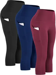 CADMUS 3 Pack Womens High Waist Workout Legging Capris for Yoga w Side Pockets CADMUS 3 Pack Womens High Waist Workout Legging Capris for Yoga w Side Pockets