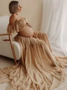 BELLAdresses Maternity Off Shoulder Strapless Flounce Sleeve Maxi Gown Dress For Curvy Pregnant Women Photoshoot Baby Shower Spring