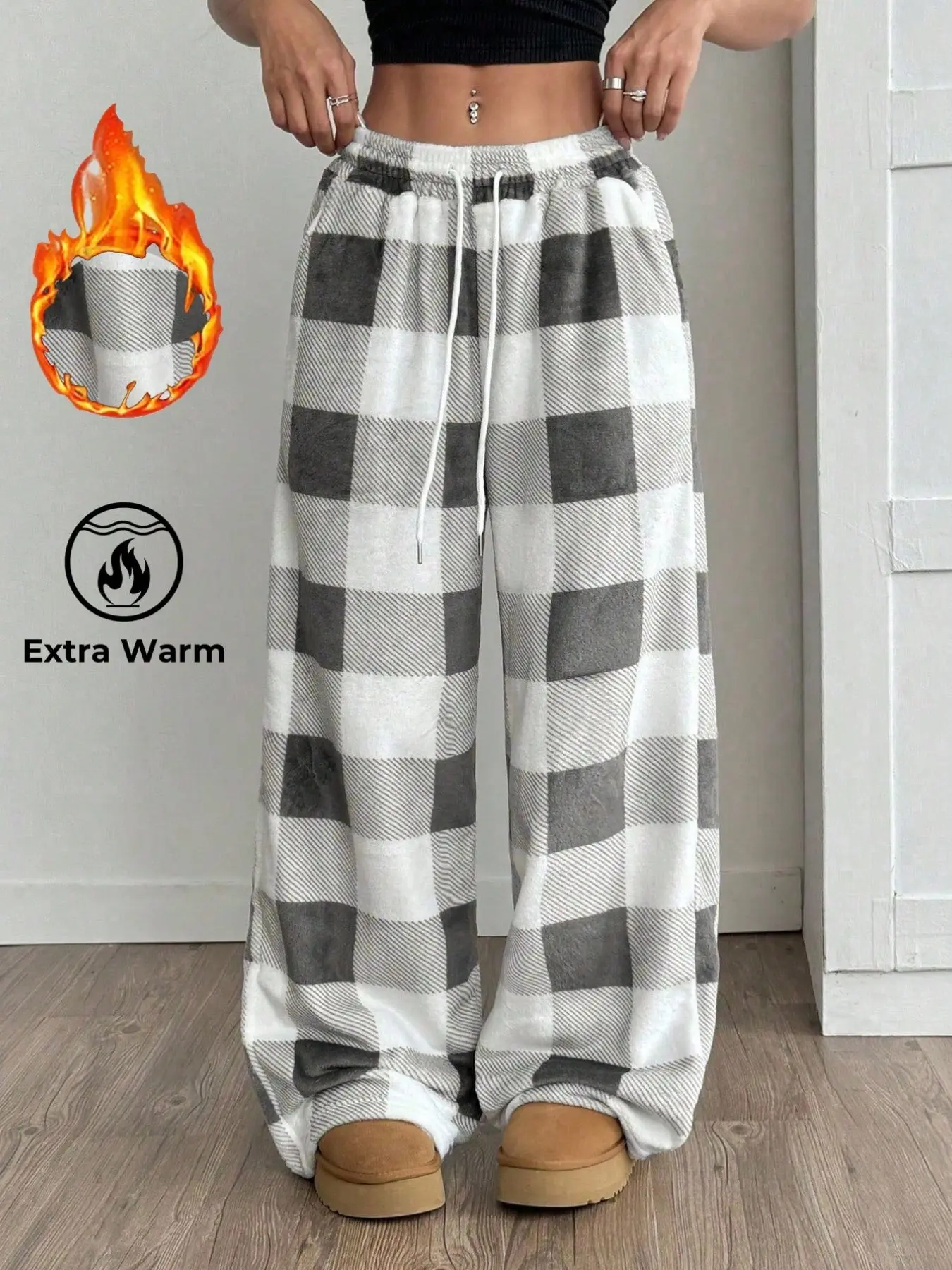 Extra Warm Plaid Wide Leg Pants, Cozy Fleece Loungewear, Nightwear for Winter, Soft Knit Pajama, Oversized Checkered Pajama Bottoms, Perfect for Lounging, Streetwear & Casual, Y2K Aesthetic Soft Plush Thermal Pants, All Seasons Nightwear