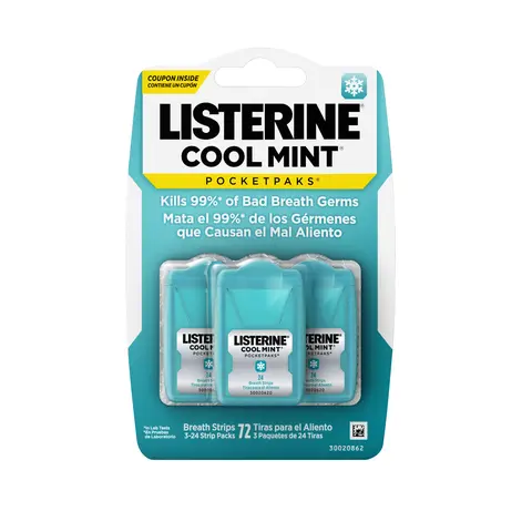 Listerine Cool Mint Pocketpaks Dissolving Breath Strips 3 Pack, 72ct total, Zero Sugar, Zero Alcohol, #1 Recommended Mouthwash Brand