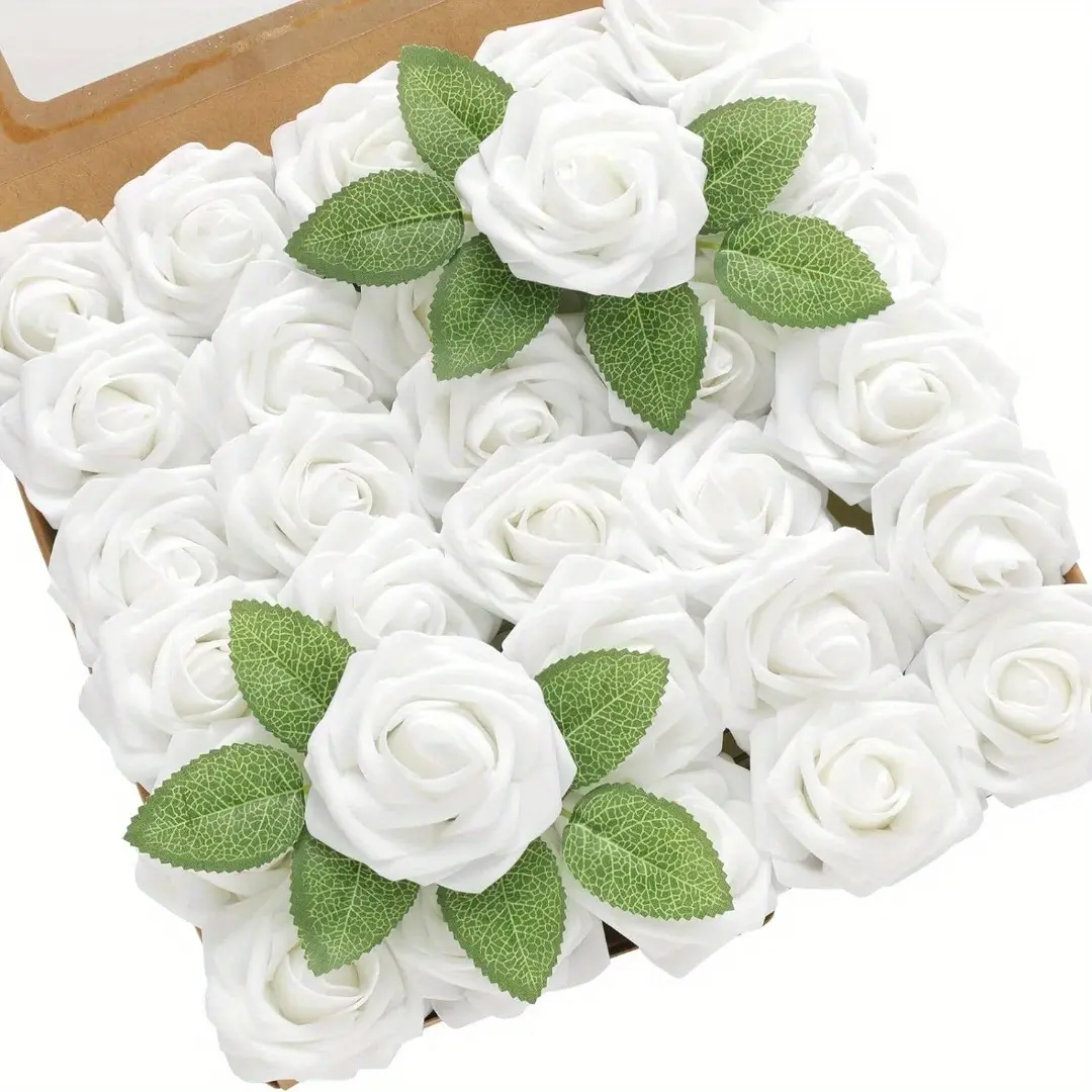 50pcs White Artificial Roses Flowers with stem 4 Green Leaves Real Looking Fake Roses Artificial Foam Roses Decoration DIY for Wedding Arrangements Party Home Decoration Wedding Bouquets Bridal Shower Floral Arrangements Party Home Table Decors